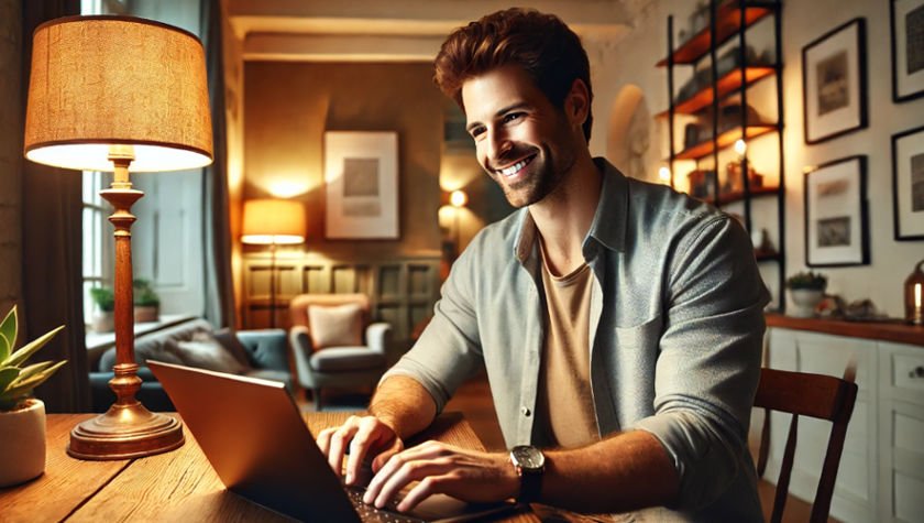 a man smiling at a laptop enjoying tips for a better concentration To the post 10 tips for better concentration when studying online at home