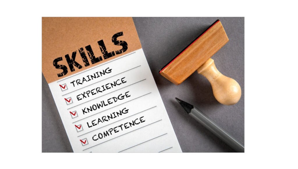 List of skills, a stamp and a pencil.