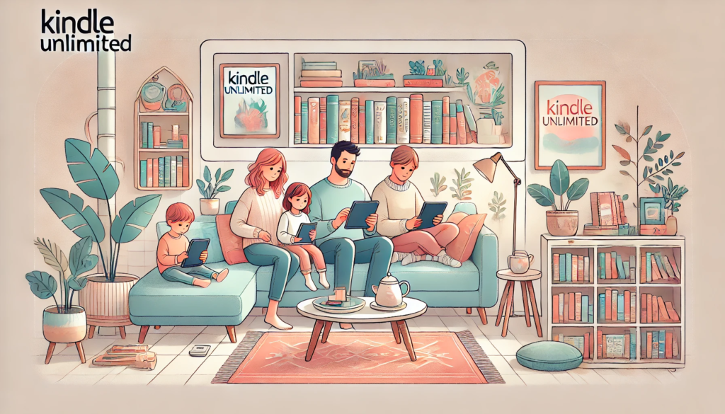 The image shows a family sitting on a sofa reading a kindle To the Can kindle unlimited be shared? Post