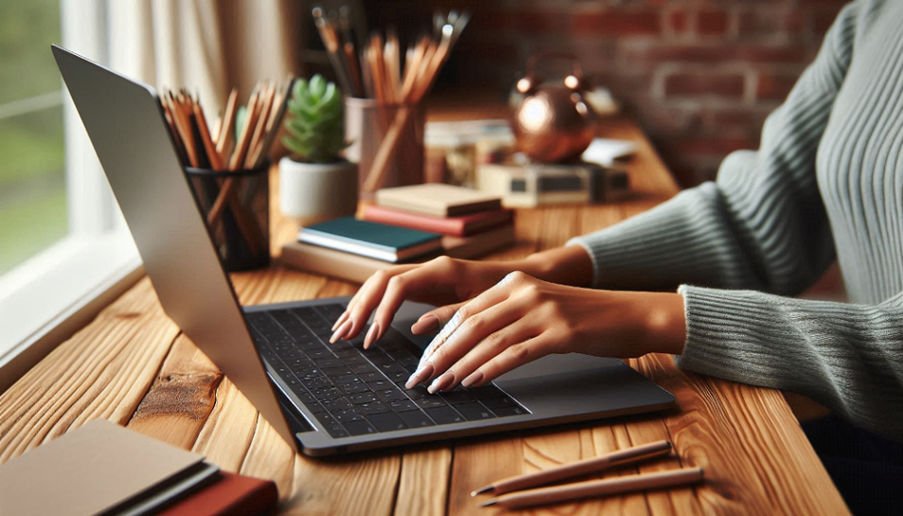 Is an online mba worth it? The image shows hands typing on a laptop keyboard