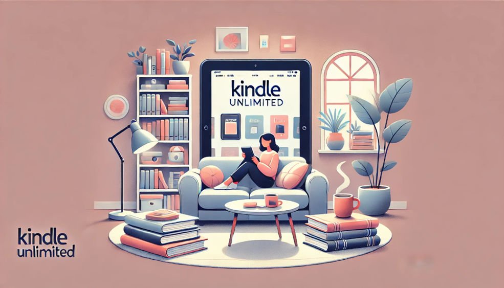 Can kindle Unlimited be shared? The image shows a woman sitting on a sofa reading on a kindle