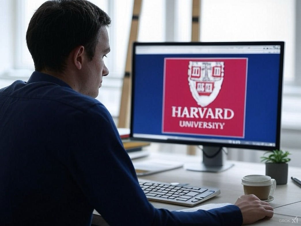 Online Harvard Courses post shows an image of a man in front of a computer with a Harvard logo on the screen