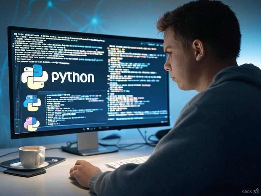 A man looking at a computer screen with a python logo on it.