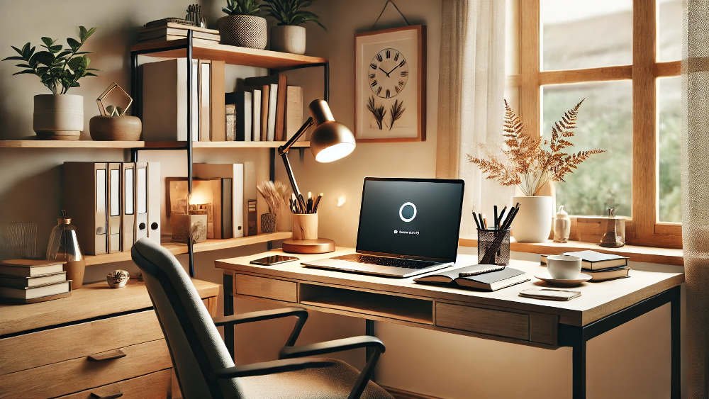 Productive study space, image shows a cozy study space, with a big window, books, and plants. There is also a laptop on a desk.
