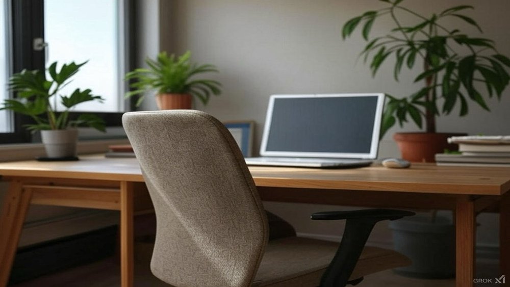 Productive study space, image shows a chair in front a laptop in a cozy study room.